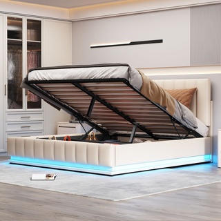 Merax Hydraulisches Boxspringbett 160 x 200cm mit Bettkasten und LED-Beleuchtung, Polsterbett mit höhenverstellbarem Kopfteil und Metalllattenrost...