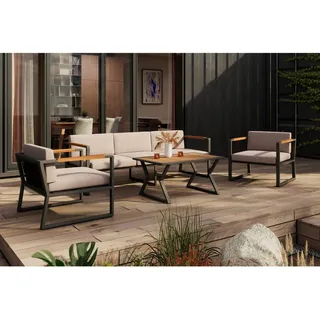 Ambia Garden Loungegarnitur, Anthrazit, Holz, Metall, 4-teilig, Akazie, massiv, Füllung: Polyester,Polyester, Polyurethan (Pur), U-Form, Fsc, Bsci, Loungemöbel, Gartenlounge-Sets