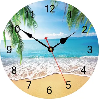 34 Cm Wanduhr Mit Sommerlichen Palmen Und Strandmotiv – Geräuschlos, Kein Ticken – Tropisch, Hawaiianisch, Maritim – Dekoration Für Küche, Schlafzimmer, Wohnzimmer, Büro