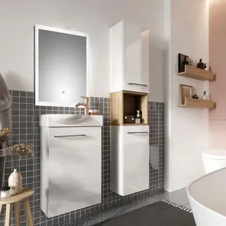 Badezimmer Set in weiß Hochglanz lackiert mit LED Spiegel, Metallgriffen in schwarz und Trüffel Buche Nb. MESSINA-107, B/H/T ca. 86/200/29,5 cm