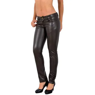 ESRA Damen Lederhose Damen Hose tiefer Bund in Leder Optik Straight-Fit Hüfthose für Frauen H12 - 42