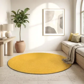SANAT Kurzflor Teppich Wohnzimmer - Uni Modern Teppiche fürs Schlafzimmer, Arbeitszimmer, Büro, Flur, Kinderzimmer und Küche - Gelb, 120 cm Rund