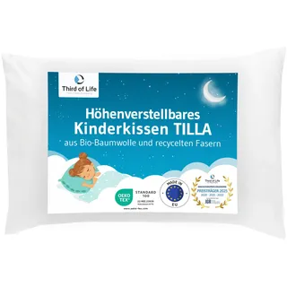 Kinder Kissen 40x60, Höhenverstellbares Kinderkissen ab 3 Jahre, Nachhaltiges Kinderkopfkissen TILLA – made in Estland, Anschmiegsames Kopfkissen mit weicher Bio-Baumwolle, Oekotex-zertifiziert