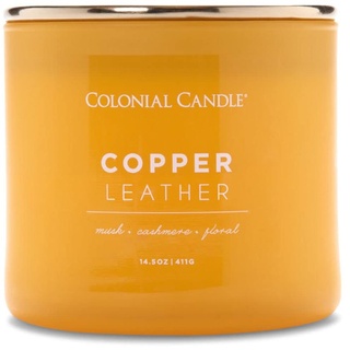 Colonial Candle Duftkerze im Glas mit Deckel | Copper Leather | Duftkerze Leder | Kerze 3 Docht | Kerzen lange Brenndauer bis zu 60h | Kerzen Gelb (411g)