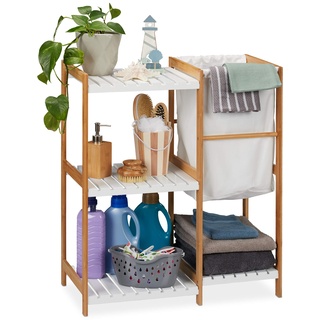 Relaxdays Badregal mit Wäschekorb, offen & stehend, Badezimmer Regal aus Bambus & MDF, HBT 76 x 65,5 x 33 cm, natur/weiß