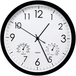 PORFOYO Gartenuhr Wetterfest Wanduhr Ohne Tickgeräusche mit Temperatur und Luftfeuchtigkeit, Wanduhren 30CM, Küchenuhr, Große Wanduhr Modern für Wohnzimmer Küche Zuhause Schlafzimmer Büro(Schwarz)