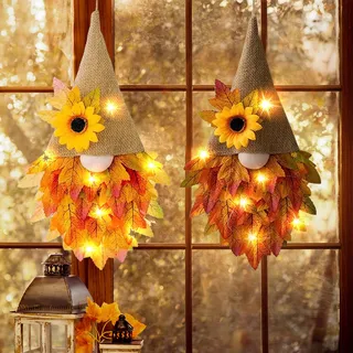 Türkranz Herbst, Herbstkranz Gnom mit Lichterkette Herbst Deko Kranz Herbstkranz Haustür mit LED Licht wichtel Herbstkränze WandKranz Türkranz Außen Herbstdeko Innen für Haustür Wand (2pcs)