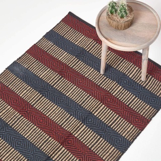 Homescapes Naturfaser-Teppich, 150 x 240 cm, 100% Jute-Teppich mit Streifen und geometrischem Rautenmuster, rot-blau-schwarz