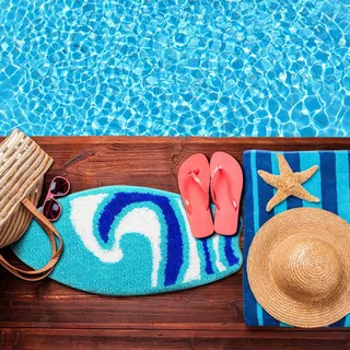 Drydiet Surfbrett-Badezimmerteppich, Sommer, Strand, Fußmatte, Badematte für Dusche, Badezimmer, Dekoration, Surfbrett-Wellen-Teppich, rutschfest, waschbar, Badteppich für Dusche