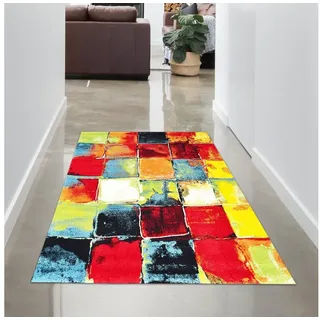 Carpetia Teppich Moderner Designer Teppich mehrfarbige Quadrate orange grün, rechteckig, Höhe: 13 mm, Allergiker-freundlich bunt 80 cm x 150 cm x 13 mm