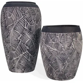 NATINDESIGN Bodenvase Groß 2er Set Schwarz Weiß Blattmuster 70cm Ø28-35cm & 48cm Ø27-34cm | XXL Vase Rund mit Loch für In- und Outdoor | Fiberglas Pflanzvase Hoch Bodenvasen XXL | Außen Innen Vasen