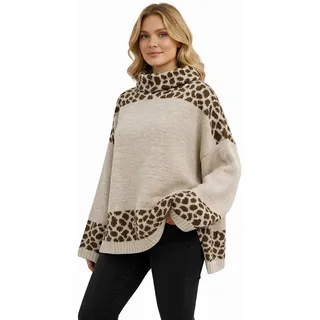 Worldclassca Longpullover WORLDCLASSCA Damen Oversize Strickpulllover Lang Uni + Leopard Muster Neue Kollektion - Stilvolle und gemütliche Strickmode für Damen beige|braun