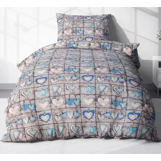 Heubergshop Bettwäsche, Seersucker, 2 teilig, 135x200cm + 80x80cm Herzen Landhaus Blau Grau 100% Baumwolle (358/2) blau|grau