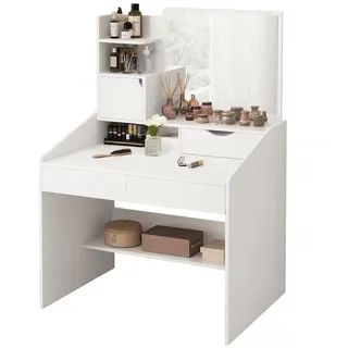 Rebiko Schminktisch mit Spiegel Schublade 3 Ablagen Make-up Schlafzimmer Kosmetiktisch Frisiertisch Schminkkommode Holz Weiß - Weiß