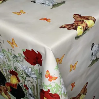 KEVKUS Wachstuch Tischdecke C146261 Bauernhof Hahn Hühner Ostern beige eckig rund oval (Rand: Schnittkante (ohne Einfassung), 100 x 140 cm eckig)