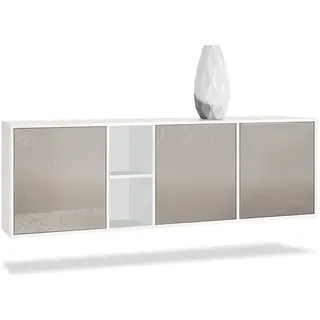 Vladon Sideboard Cuba (Kommode, mit 3 Türen und 2 offene Fächer), Weiß matt/Sandgrau Hochglanz (182 x 53 x 35 cm) grau