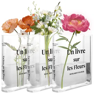APACALI 3 Stück Buchvase, Klare Buchvase, Buch Vase Transparente, Buchförmige Vase für Blumen, Bücherform Blumenvase für Schlafzimmer Tischdeko Wohnzimmer Büro
