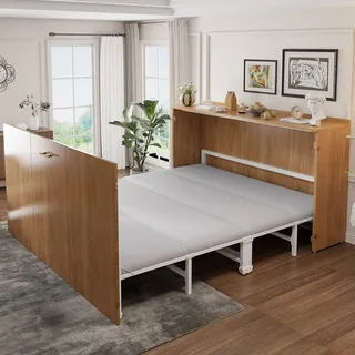 OKWISH Funktionsbett Gästebett Holzbett (140x200 cm Klappbett mit Matratze und drehbarem Schreibtisch), Inklusive Matratze
