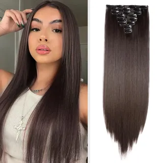 TESS Haarteil Clip in Extensions wie Echthaar Kunsthaar günstig 8 Tressen 18 Clips Haarverlängerung Glatt Dunkelbraun 23"(58cm)-140g