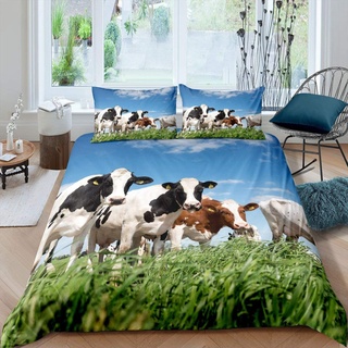 Sunnybed Kuh Print Bettbezug Set 135x200 für Kid Teen,Animal Kuh Pattern Bettwäsche Set 3D Farm Animals Dekoratives 2 Stücke Bettwäsche Set mit 1 Kissenbezug,Schwarz Weiß Braun Blau