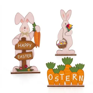 3 Stück Holz Osterhase Deko, Osterdeko Holz Hase Ostern Tischdekoration | Holz Aufsteller Osterdekoration Garten Osterhasen Deko