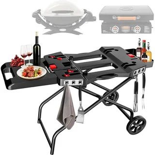 Denmay Tragbarer Grillwagen mit Rad für Weber Q1200, Q1000, Q2200, Q2000 Serie, für Blackstone 43CM 56CM Tischgrillplatten, Faltbarer Grillwagen, Grillständer für draußen