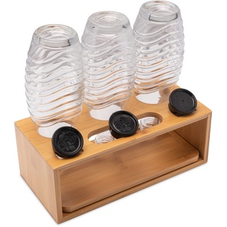 Flaschenhalter Kompatibel für SodaStream, Crystal & Emil Flaschen, Abtropfhalter Bambus, Glasflaschen Halter mit Abtropfmatte und Deckelhalter