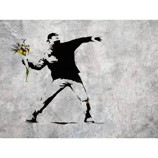 1art1 Banksy Poster Der Blumenwerfer, Graffiti Streetart Bilder Leinwand-Bild Auf Keilrahmen | XXL-Wandbild Poster Kunstdruck Als Leinwandbild 80x60 cm