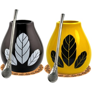 Mate-Tee becher Set für Zwei ● Keramik becher Hoja Yellow und Hoja Black 350ml mate tee tasse ● Edeltahl trinkhalm Bombilla und kokrpad ● Stainless steel Straw bombilla and ceramik yerba mate tea cup