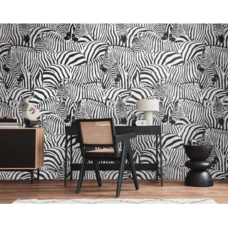 living walls Fototapete THE WALL III Zebra Tapete Motivtapete Tiere Tiere, glatt, matt, (1 St), Vliestapete Tiere für Schlafzimmer Küche Wohnzimmer Zebra Design Flur schwarz