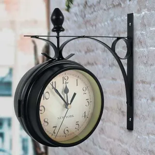 Doppelseitige Wanduhr, Europäische Retro-gartenuhr Mit Doppelseitigem Glas, Dekorative Vintage-hängeuhr Mit Halterung, Für Den Innen- Und Außenbereich (batterie Nicht Enthalten)