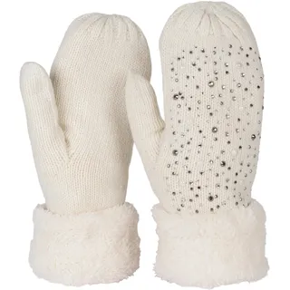 Stylebreaker Fäustlinge Strickhandschuhe mit Strass und Perlen Creme-Weiß Einheitsgröße