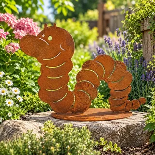 Edelrost Wurm Gartendeko | Wurm aus Metall auf Platte | Rostfigur Garten