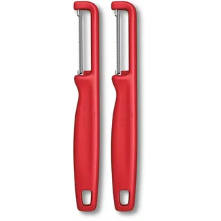 Victorinox Sparschäler "Iota", Schäler für Gemüse, Obst, Zackenschliff, Zweischneidig, Extra Scharf, Swiss Made, rot (Packung mit 2)