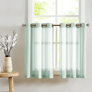 TOPICK Voile Scheibengardinen mit Ösen Transparent Bistrogardine Landhaus Streifen Küchenvorhang Gestreift Küchengardinen Paarig für Badezimmer Klein Fenster Dekor 90x90cm(BxH) Blaugrün 2er Set