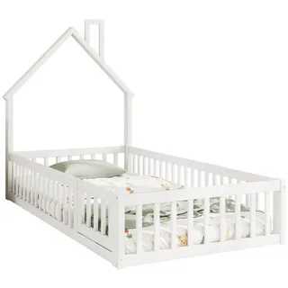 OKWISH Kinderbett Minimalistisches Hausbett für Kinder, Jugendbett Gästebett Doppelbett (mit Schornsteinform und Lattenrost, aus Kiefernholz, 90x200 cm), ohne Matratze weiß