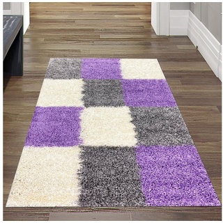 Teppich Hochflor Teppich Karo Muster in Flieder, Grau und Creme, Teppich-Traum, rechteckig, Allergiker geeignet lila