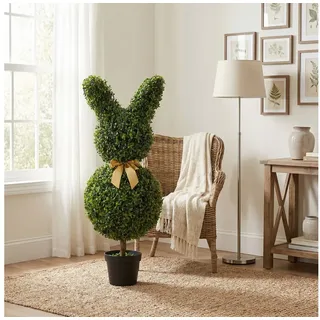 Homcom Künstliche Buchsbaum 83 cm Hoch, Kunstpflanze mit Hasendesign | Bodenpfähle Künstliche Pflanze, Formschnitt Dekopflanze, für Wohnzimmer Schlafzimmer Büro Deko Garten, Geschenk Ostern