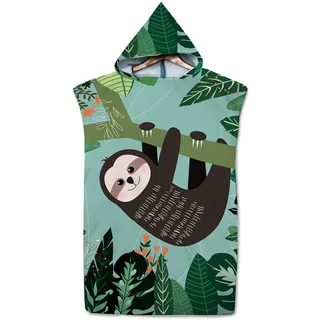 Highdi Handtuch Poncho Erwachsene Microfaser, Faultier Muster Badeponcho Surf Damen/Herren Handtuch mit Kapuze Umziehhilfe Poncho Handtuch Strandtuch Bademantel für Swimming (Karikatur Faultier)
