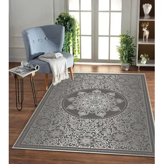 Jungengel Teppich Mandala Wohnzimmer Grau Waschbar Flach Teppichläufer Läufer 60 cm x 300 cm