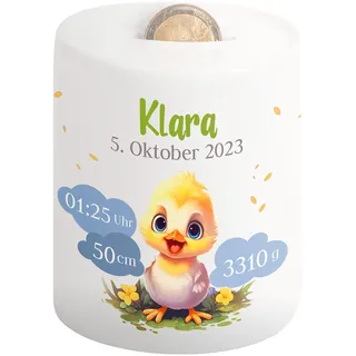 Kinder-Spardose mit Namen & Geburtsdaten personalisiert - Wolken-Motiv - Geldgeschenk für Neugeborenen & Baby - Sparschwein für Mädchen & Jungen - Geschenk zur Geburt, Taufe, Geburtstag (Küken)