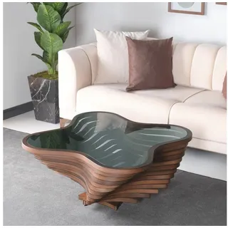 alesvelt Couchtisch rustikal handgefertigt Nussbaum massiv mit Glasplatte Coffee Table