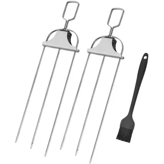 Halbautomatische Grillgabel aus Edelstahl, Grillspieße Edelstahl Fleischspieße mit Schieberegler, Metall spieße BBQ grillspieße, Wiederverwendbares Schaschlikspieße für Outdoor Barbecue (2PCS)
