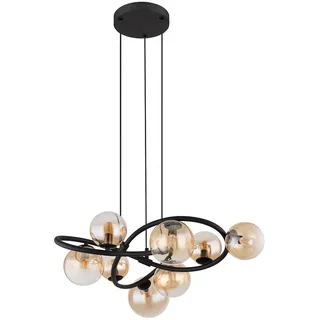 Pendellampe 8 flammig LED Hängeleuchte Esstischlampe Retro Wohnzimmerlampe, schwarz, Glaskugeln amber, 8x 3,5W 8x 350lm warmweiß, DxH 65 x 120 cm