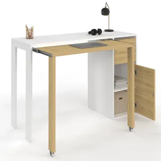 IDMarket - Ausziehbarer Schreibtisch Ron mit Schubladensäule und Schrank in Weiß und Holz