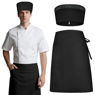 DiULi Kochschürze, 2er Kellnerschürze Schwarz für Männer Damen mit Hut Taschen, Groß Kurz Koch Schürzen 66.5x65.5cm, Apron zum Kochen, Reinigen, Malen, Gärtnern