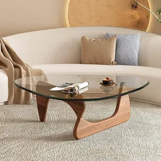 Dreieckiger Couchtisch, moderner Couchtisch (Holzgestell + dreieckige Glasplatte), für Wohnzimmer, Terrasse, Arbeitszimmer, Lounge, Büro,Walnut + Clear,Small