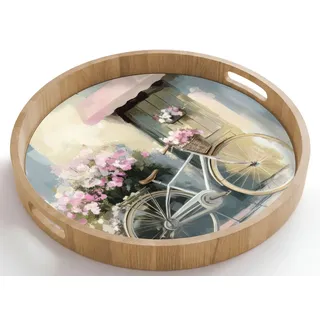 OnlyWow Tablett Rund mit Henkel Fahrrad - Pastellfarben - Blumen, Eichenholz, (1-tlg), Servierbrett Groß, Tischdeko, Platte, Tisch Deko 50 cm x 50 cm x 5 cm