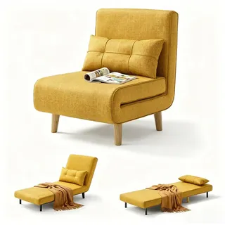 Blishom Relaxsessel Schlafsessel 3 in 1, Klappsessel mit verstellbarer Rückenlehne, Einzel Schlafsofa mit Kissen, platzsparende Gästeliege gelb