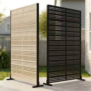 Metallprivatsschirm 183x120 cm, erhöhter Sichtschutzzaun, freistehender Balkonsichtschutz ohne Bohren, wetterfest für Innen Außen Terrasse Garten Veranda (1 Stück Holzoptik+1 Stück Schwarz)